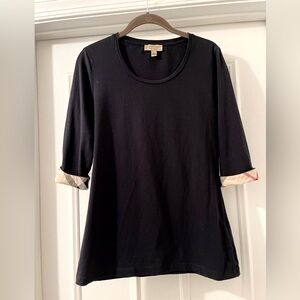 Authentic Burberry women Checked Cuff 3/4 Sleeve Tee Top Black Medium